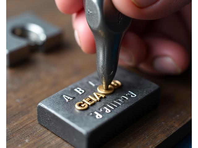 メタルスタンプキットとハンマーで真鍮のプレートに文字を刻印する様子