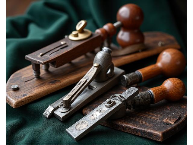 美しい木製グリップのヨーロッパ製伝統手工具が並べられている