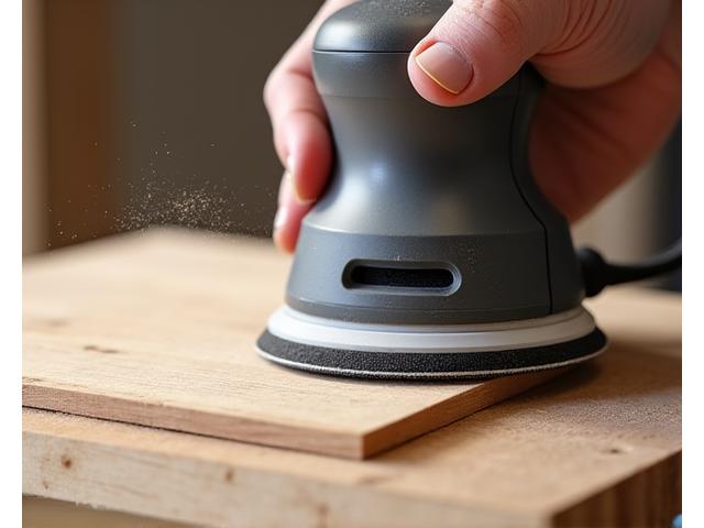 小型の電動サンダーで木製オブジェの表面を滑らかに磨く様子