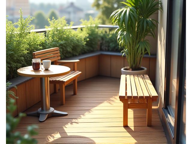 ユーザーがDIYしたベランダのウッドタイルとベンチ、カフェ風のテーブルセット。