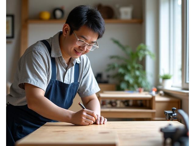 DIY作業台で木工プロジェクトに取り組む男性と完成したサイドテーブルのビフォーアフター