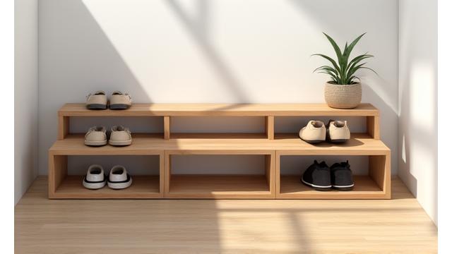 玄関に置かれたおしゃれなDIY木製シューズラック