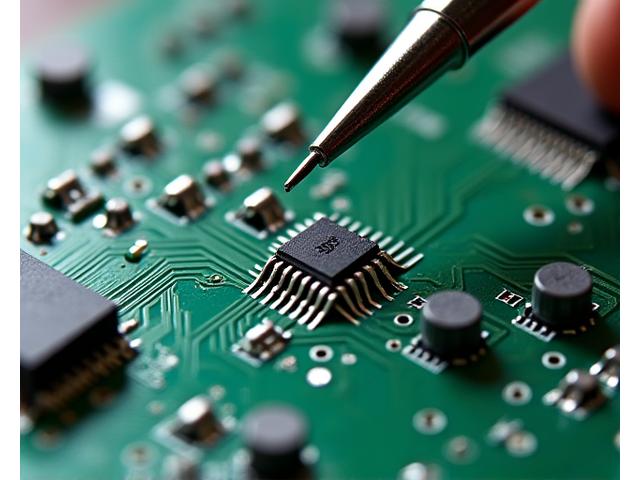 電子基板上で極小部品を扱う精密ピンセットとドライバー