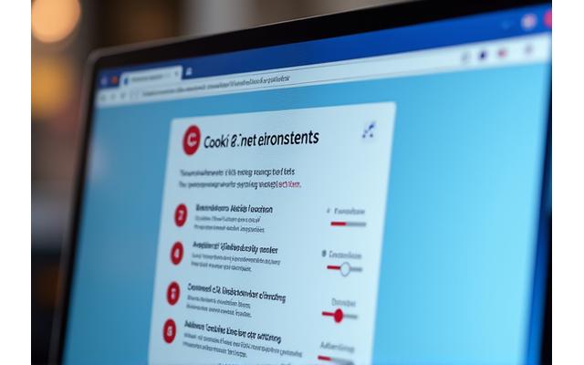 ウェブブラウザの画面にCookie同意のポップアップが表示され、ユーザーがCookie設定を調整している。異なる種類のCookie（必須、分析、広告）を切り替えるボタンやスライダーが見える