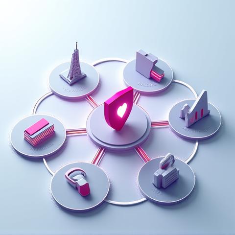 個人情報の収集から利用までのデータフロー図。フォーム入力、Cookie、ログ解析のアイコンが情報収集を示し、セキュアな経路を通じてサービス提供、顧客サポート、マーケティングの目的へ流れる様子を表現。データが保護されていることを強調するシールドロゴも含む