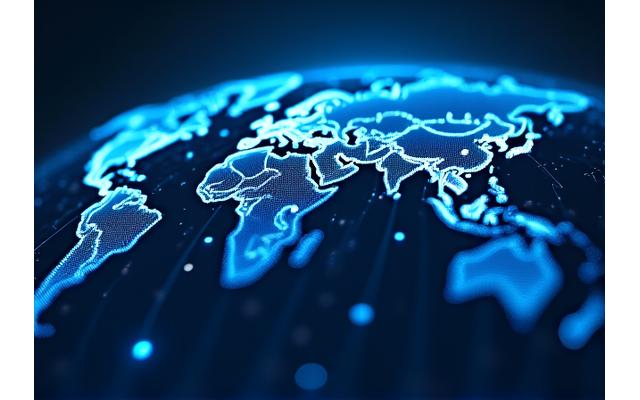 世界地図の上に、データが安全に送受信されていることを示す複数の暗号化されたデータパケット。厳重なセキュリティで保護された国際データ転送を表す