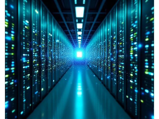 データセンターのサーバーラックが並び、デジタルロック、ファイアウォール、サイバーセキュリティの象徴的なオーバーレイが多層的なセキュリティ対策を示している。青と緑の光がセキュアな環境を演出