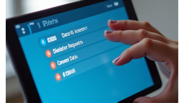 ユーザーがプライバシー設定ダッシュボードを操作している手元。デジタルインターフェースには、データアクセス、削除、同意設定などのオプションがアイコンで表示されている