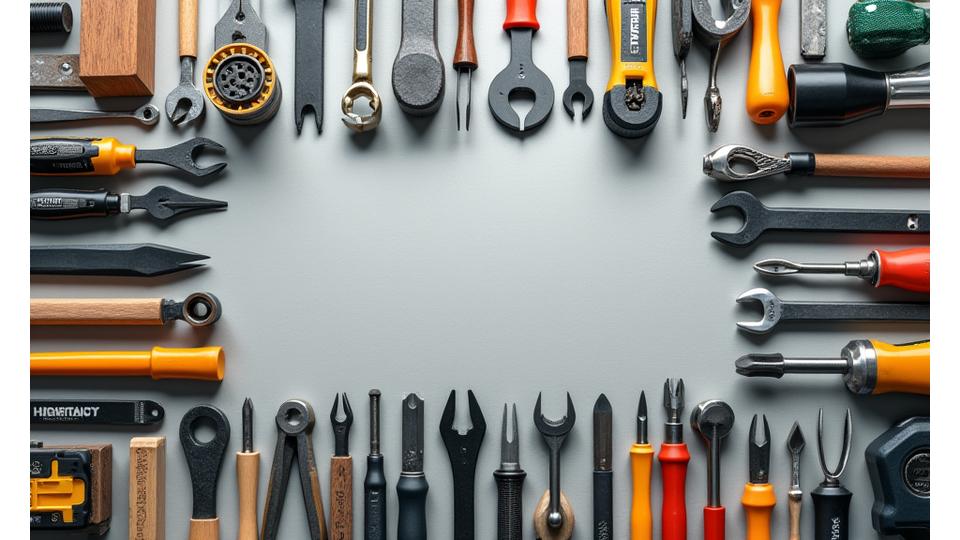 多様な工具が整然と並べられた作業台の俯瞰図