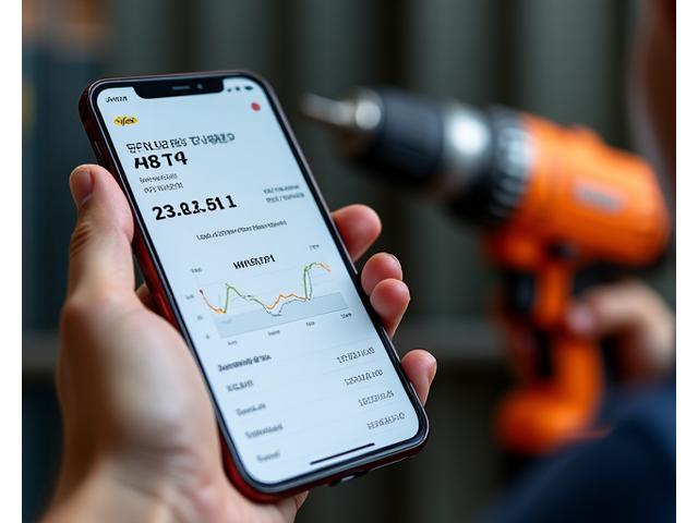 スマートフォンアプリの画面に、IoT接続された電動ドリルからのリアルタイムデータが表示されている。バッテリー残量、使用時間、負荷状況を示すグラフが特徴的。