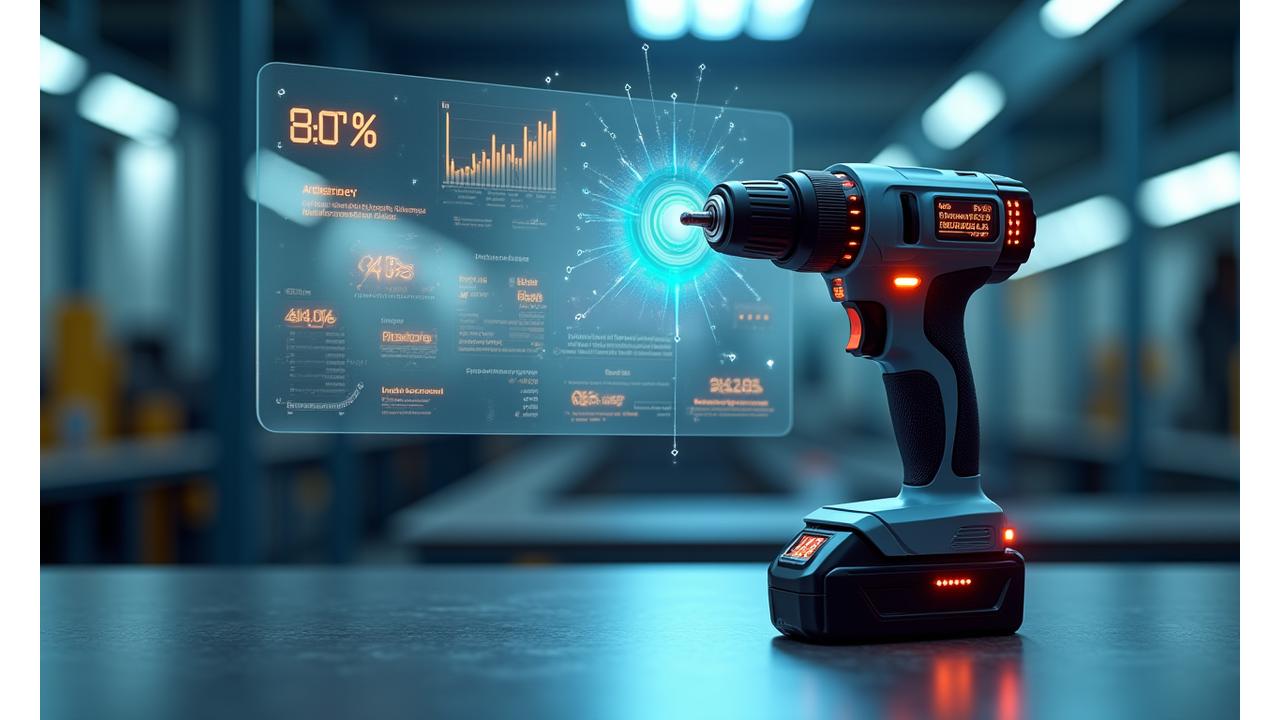IoTセンサーとクラウドに接続された電動工具が未来的なワークショップで稼働している様子。生産性向上とワークフローの最適化を象徴するデータ可視化インターフェースが表示されている。