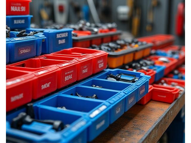 色彩で分類され一目でわかる工具収納と、清掃しやすい収納システムの例
