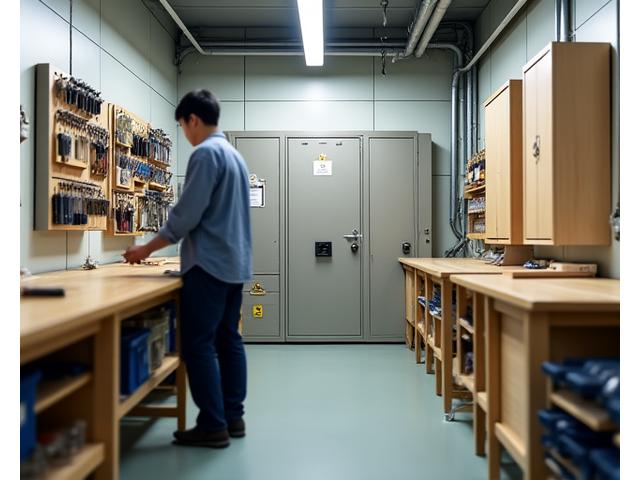 整理されたワークショップでスムーズに作業する職人と、安全に保管された危険工具