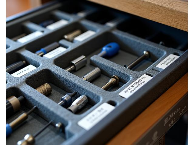 ラベリングされた工具箱の引き出しと、工具が保護材に包まれている様子
