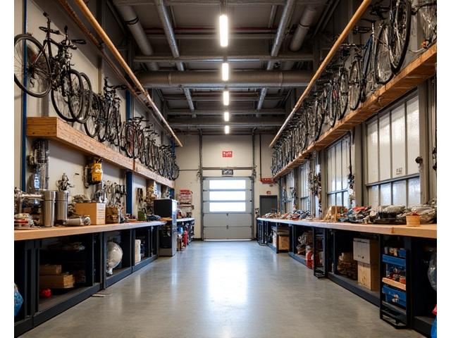 天井から吊り下げられたパイプや自転車、大型工具